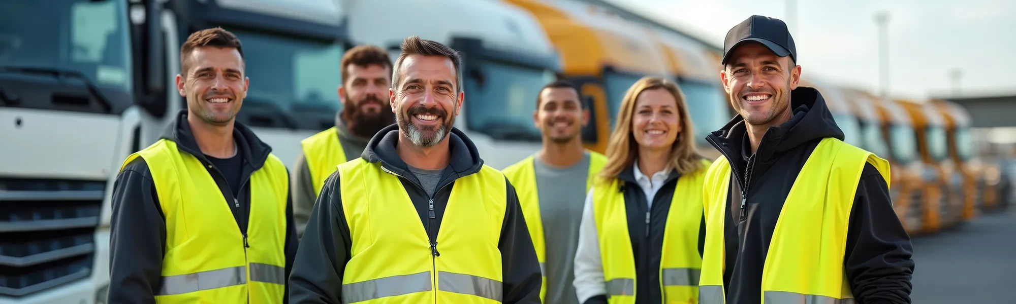 Mitarbeiter in Warnwesten vor Lkw – Headerbild für Karrierebereich