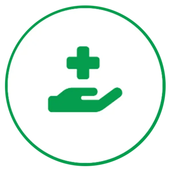 Piktogramm einer Hand mit medizinischem Kreuz, Symbol für Gesundheit und Fürsorge