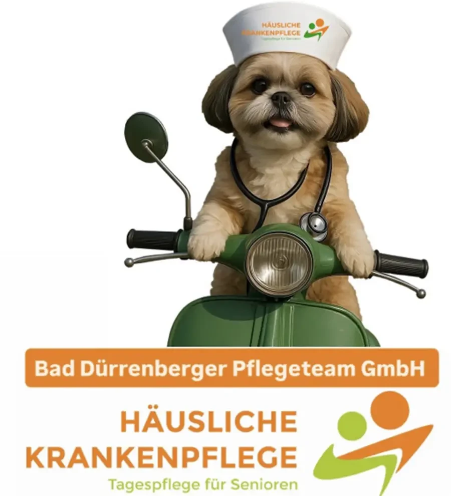 Logo der Bad Dürrenberger Pflegeteam GmbH für häusliche Krankenpflege mit Hund auf Motorroller