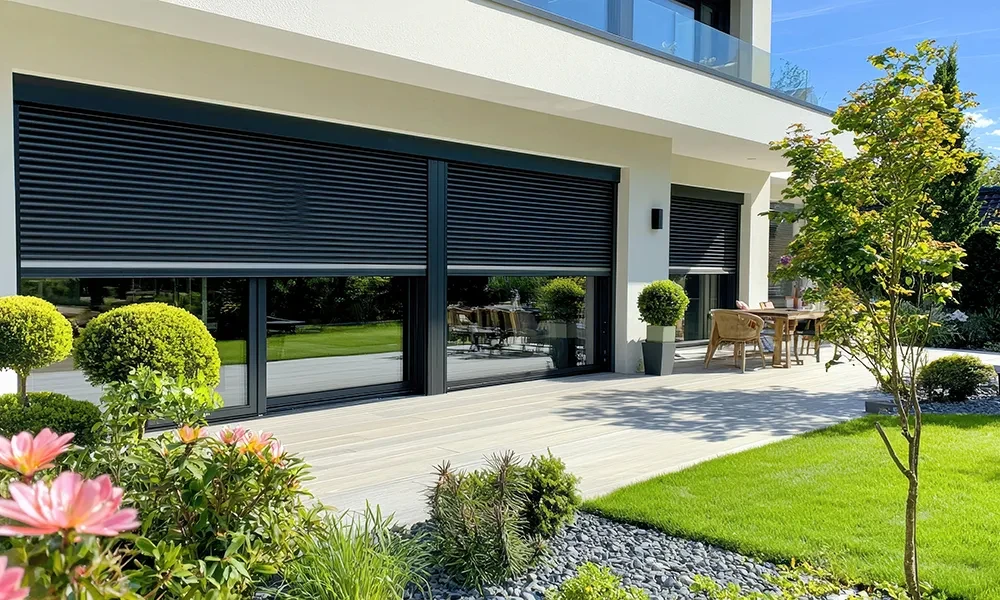 Moderne Terrasse mit geschlossenen Rollläden an einem Einfamilienhaus – Kontaktaufnahme für Beratung und Service