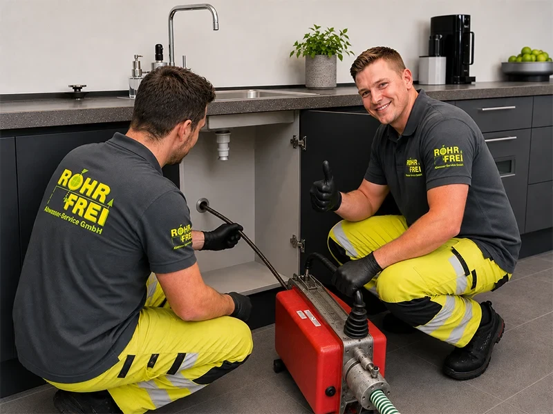 Fachmänner bei der Rohrreinigung unter der Spüle mit professionellem Gerät – Startseite Teaser Rohrreinigung