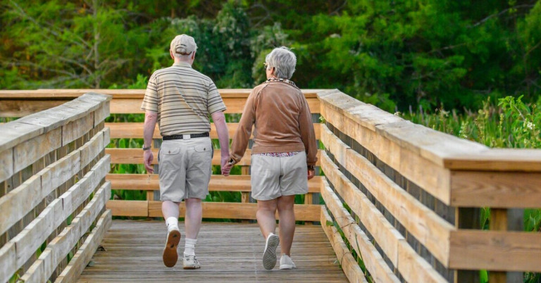 Senioren beim Spaziergang – Hand in Hand auf einem Holzsteg Senioren spazieren Hand in Hand auf einem Holzsteg im Grünen