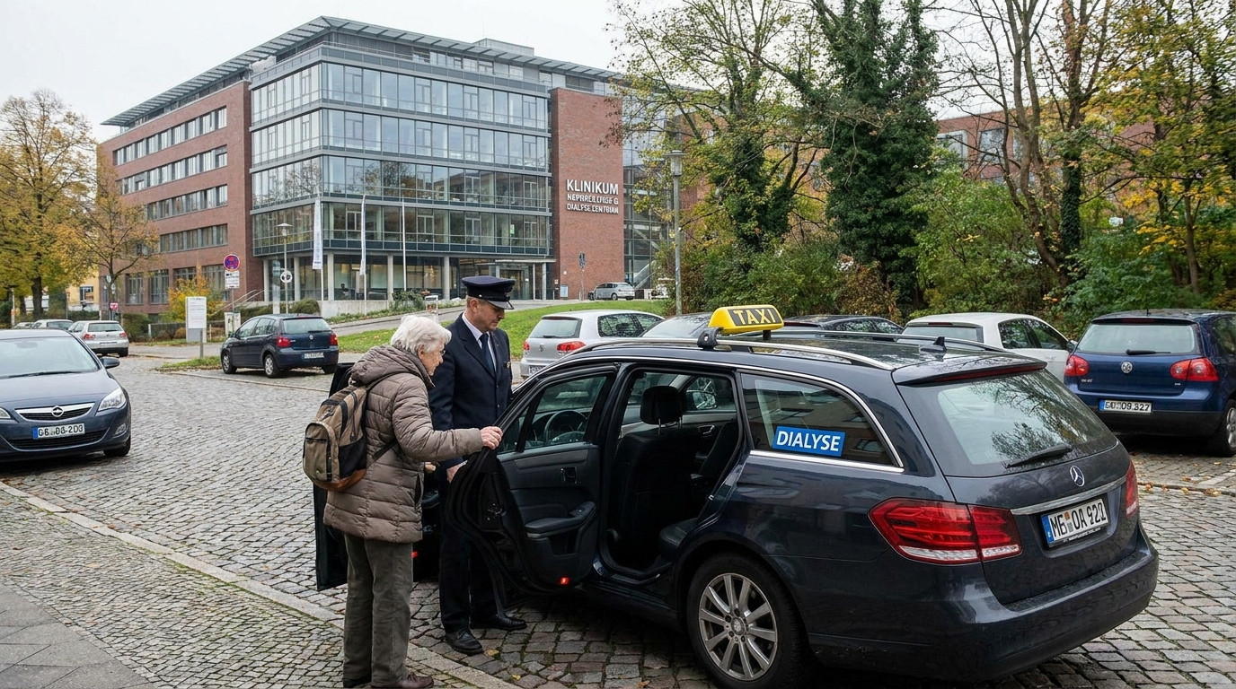 Ältere Person steigt mit Unterstützung eines Fahrers in ein Dialyse-Taxi vor einem Klinikum ein