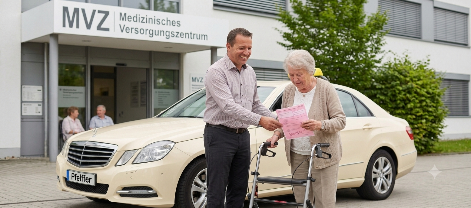 Ältere Frau mit Rollator erhält Unterstützung von einem Mann vor einem medizinischen Versorgungszentrum und Taxi