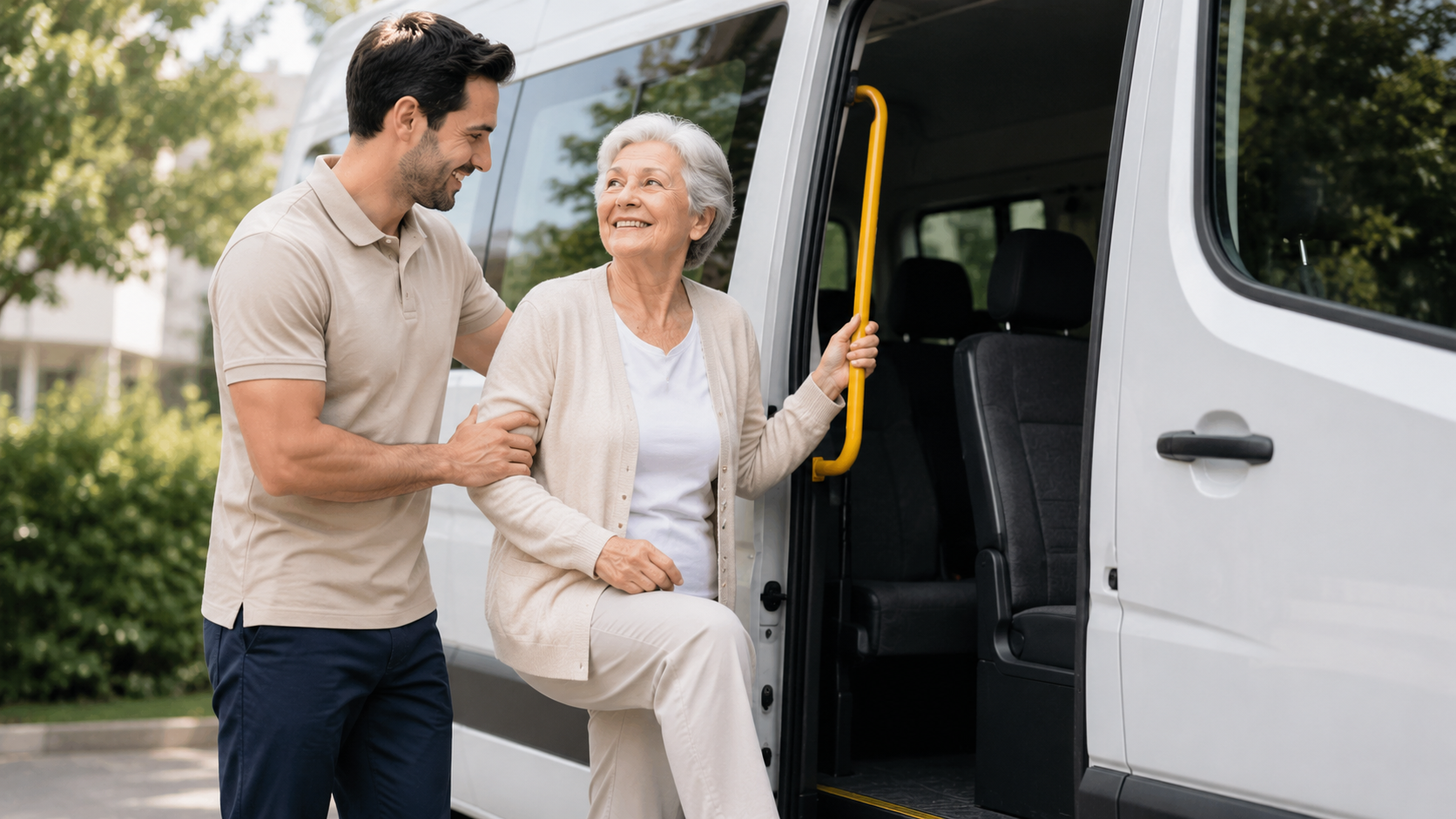 Ältere Frau steigt mit Unterstützung eines Pflegers in einen Transporter – Betreuung und Mobilität für Senioren am 8. Juli 2026