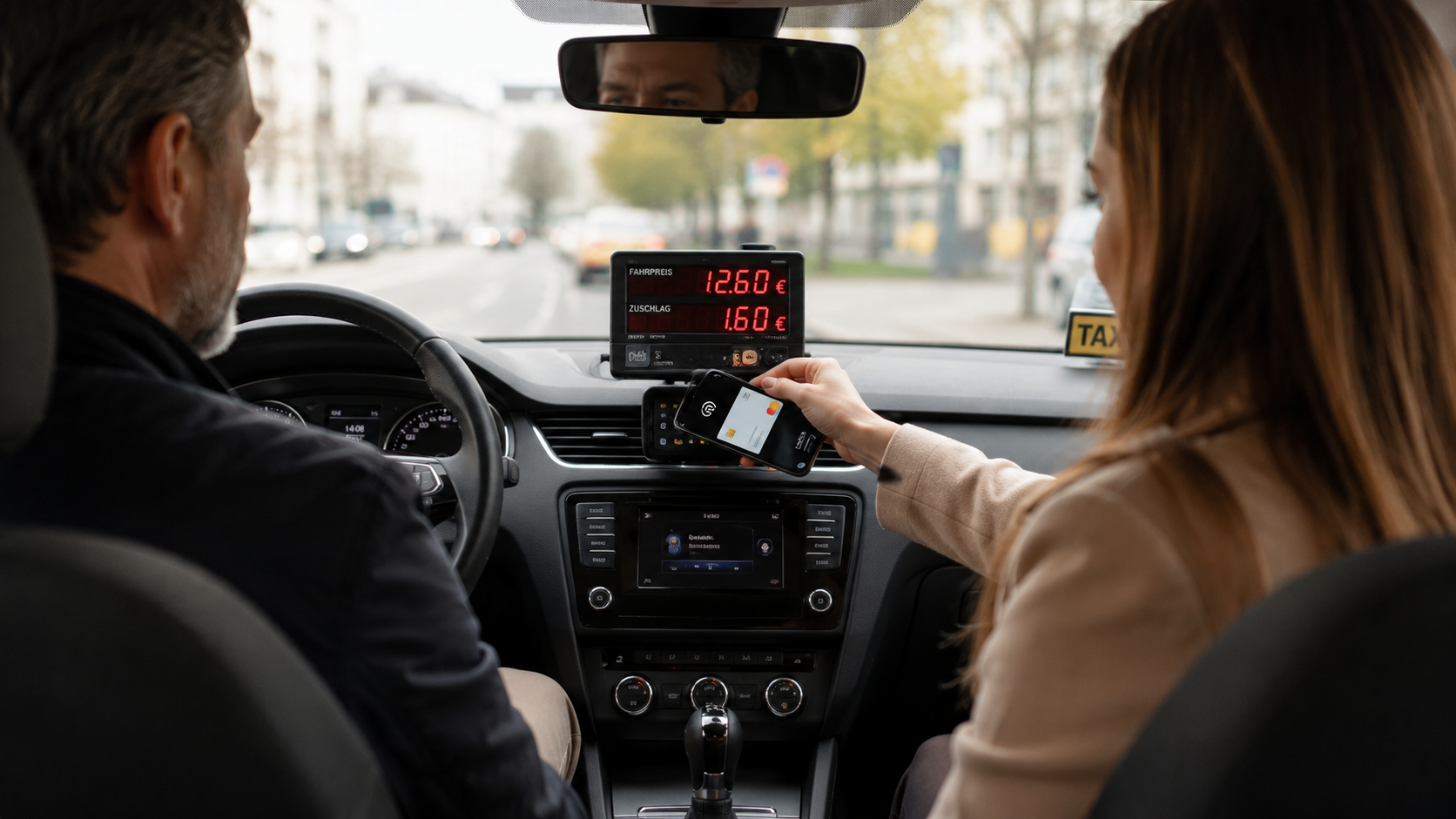 Frau bezahlt Taxifahrt am 8. Juli 2026 kontaktlos mit Smartphone, Taxameter zeigt Fahrpreis an