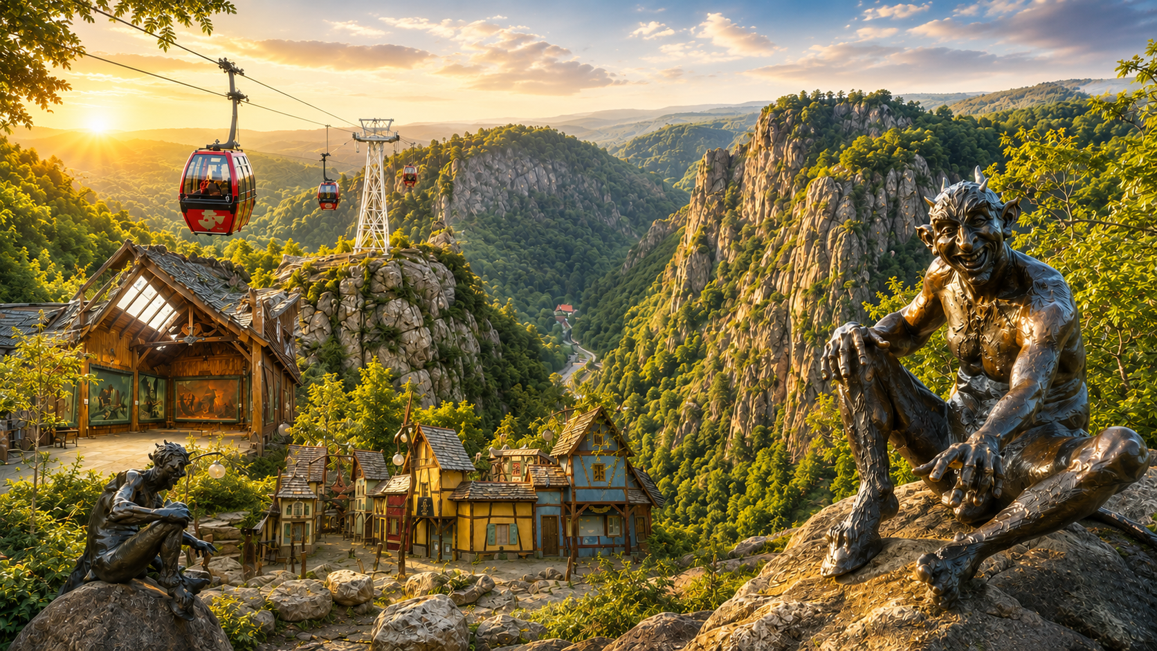 Malerische Berglandschaft mit Seilbahn, kleinen Fachwerkhäusern und Sonnenuntergang, aufgenommen am 30. Juli 2026