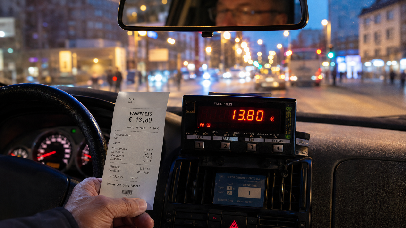 Taxameter zeigt Fahrpreis von 13,80 Euro mit Quittung im Taxi bei Nacht in der Stadt