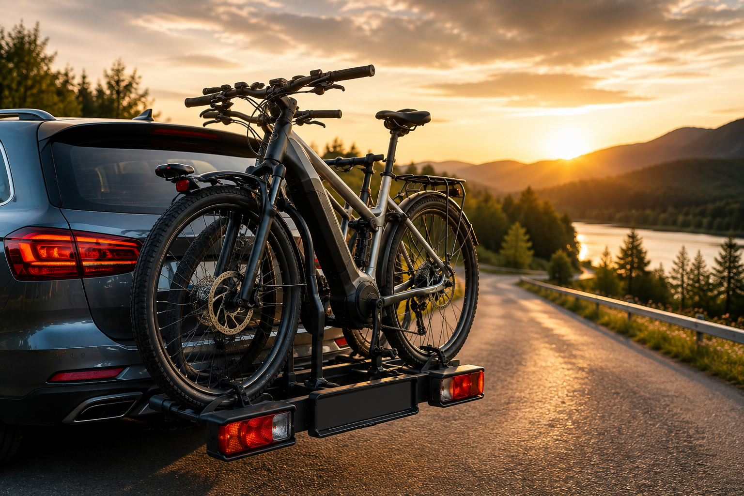 E-Bikes auf Fahrradträger an Auto bei Sonnenuntergang auf Landstraße