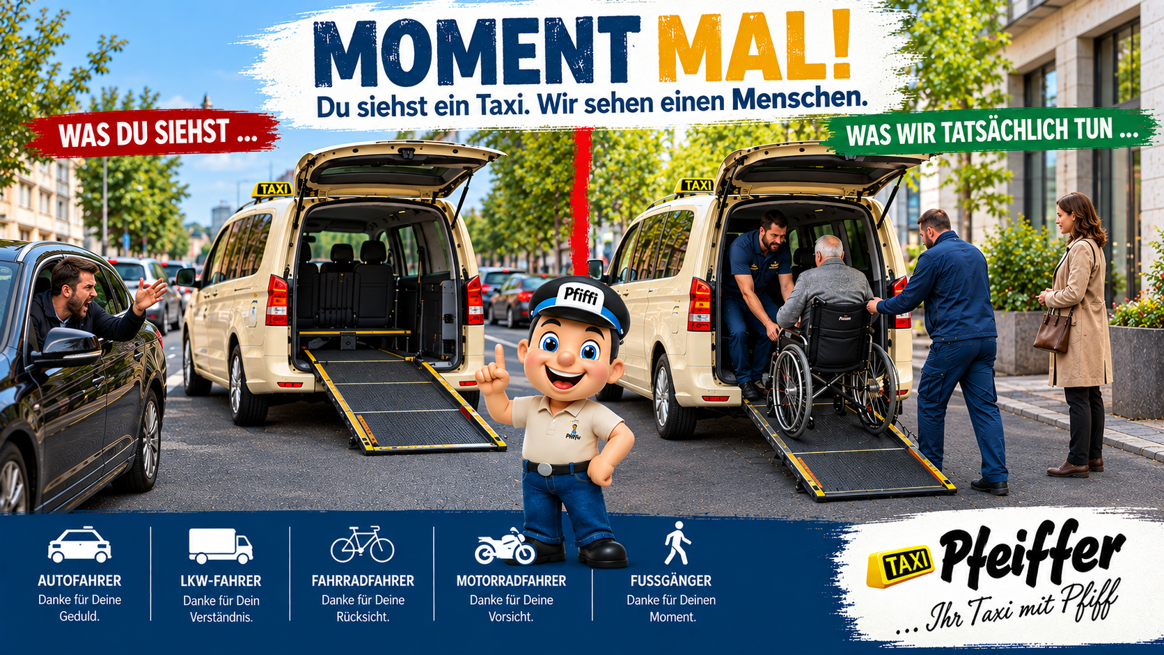 Barrierefreies Taxi mit Rollstuhlrampe und freundlichem Maskottchen Pfiffi, Kampagne fr mehr Menschlichkeit im Straenverkehr