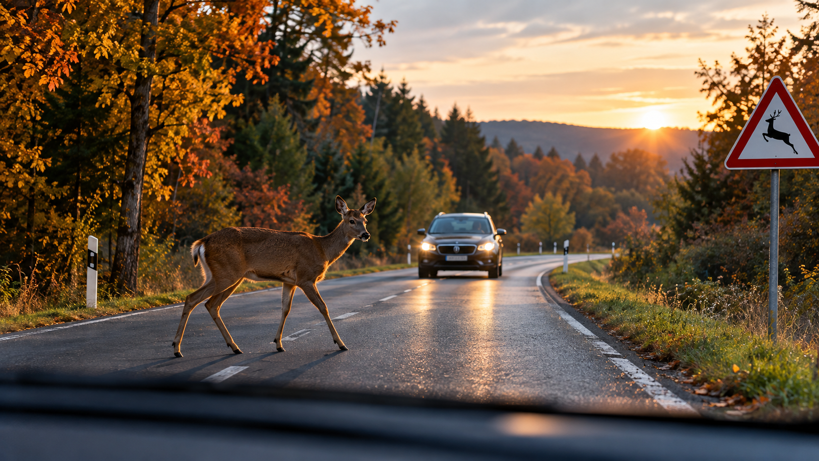 Reh überquert Landstraße bei Sonnenuntergang, Auto hält an – chatgpt-image-8-sept-2026-18-12-20