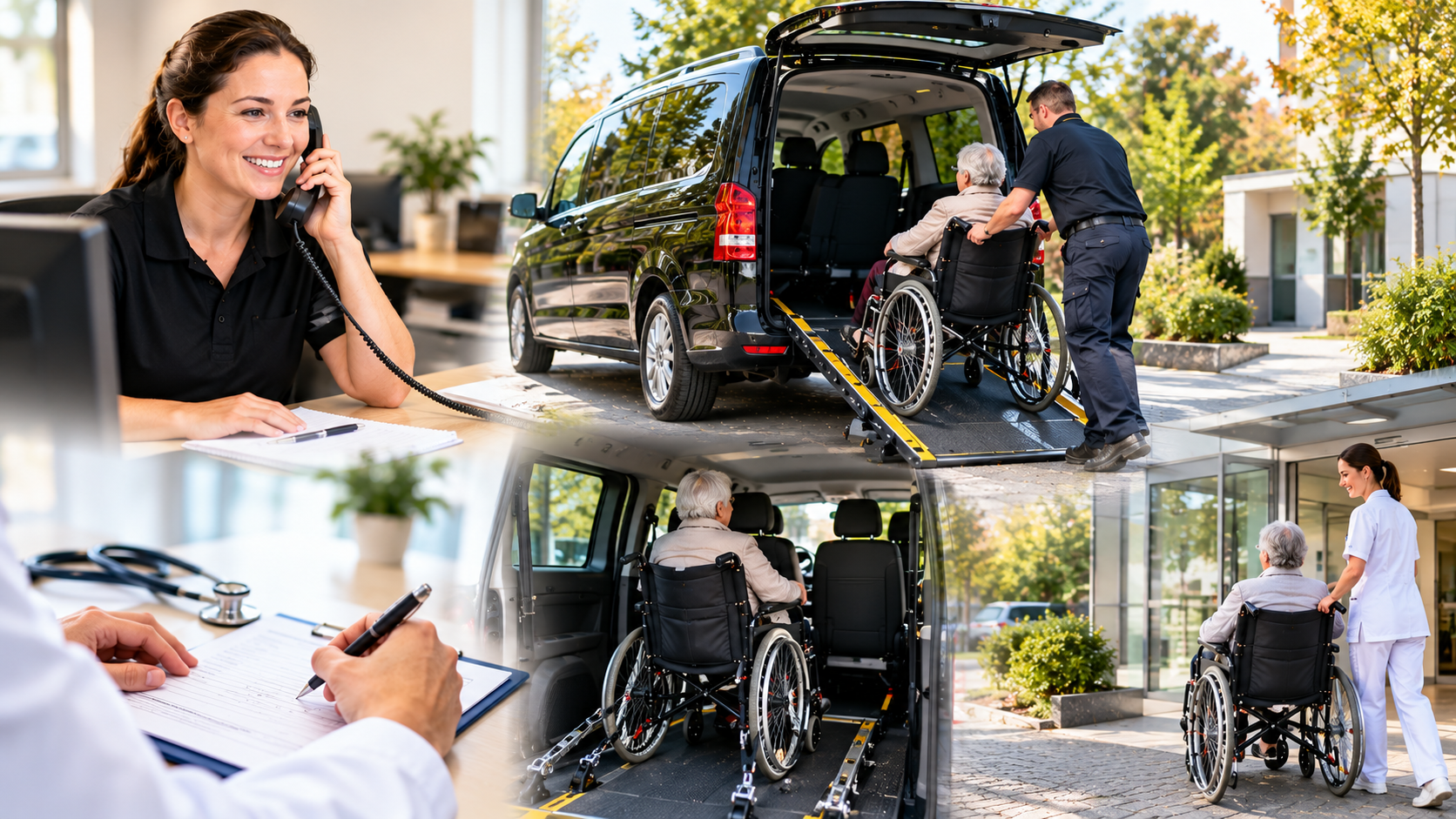 Seniorin im Rollstuhl wird von einem Betreuer in ein barrierefreies Transportfahrzeug mit Rampe geschoben. Collage mit Telefonberatung und Dokumentation.