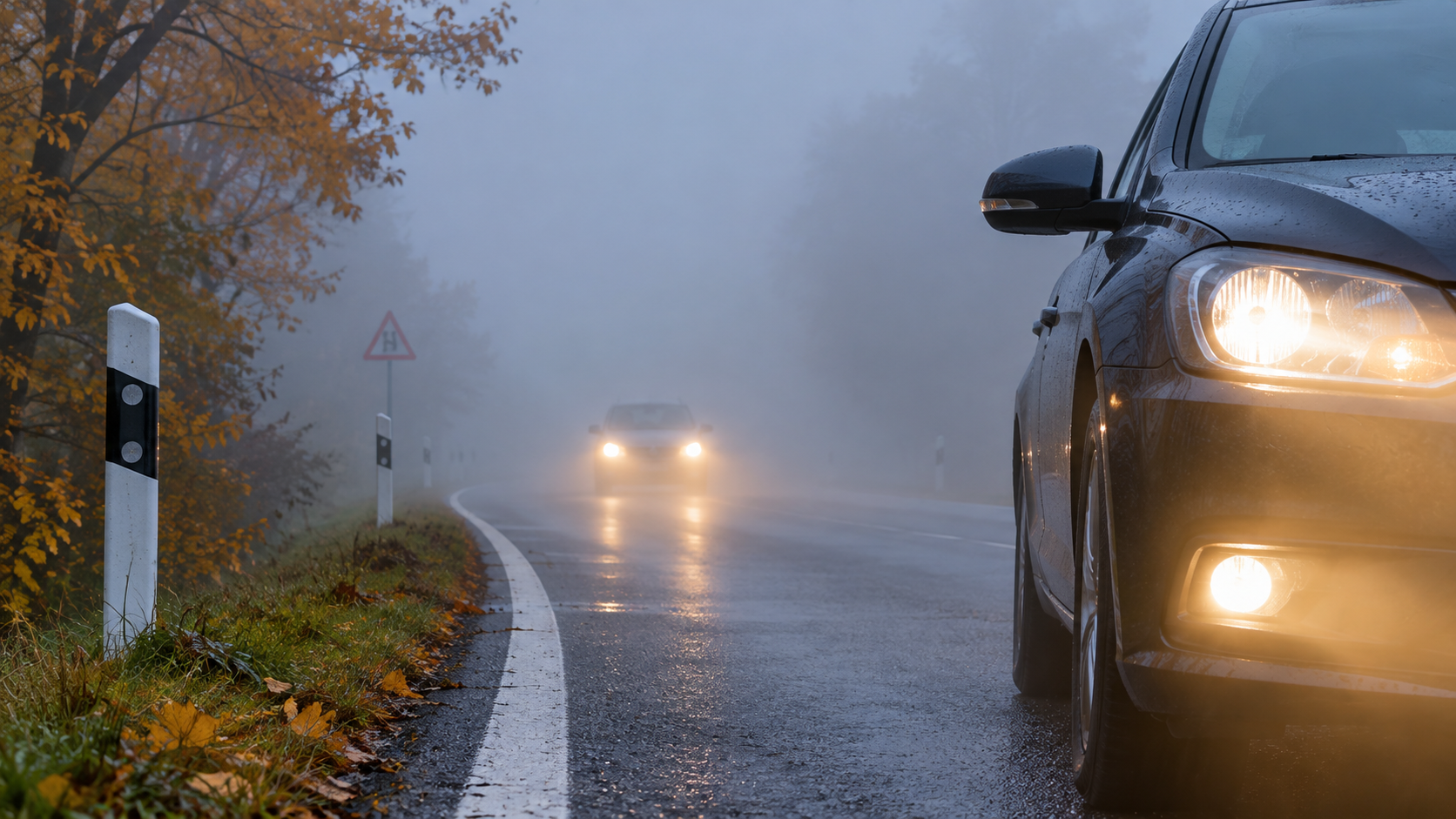 Autos fahren im Nebel auf nasser Landstraße am 23. September 2026