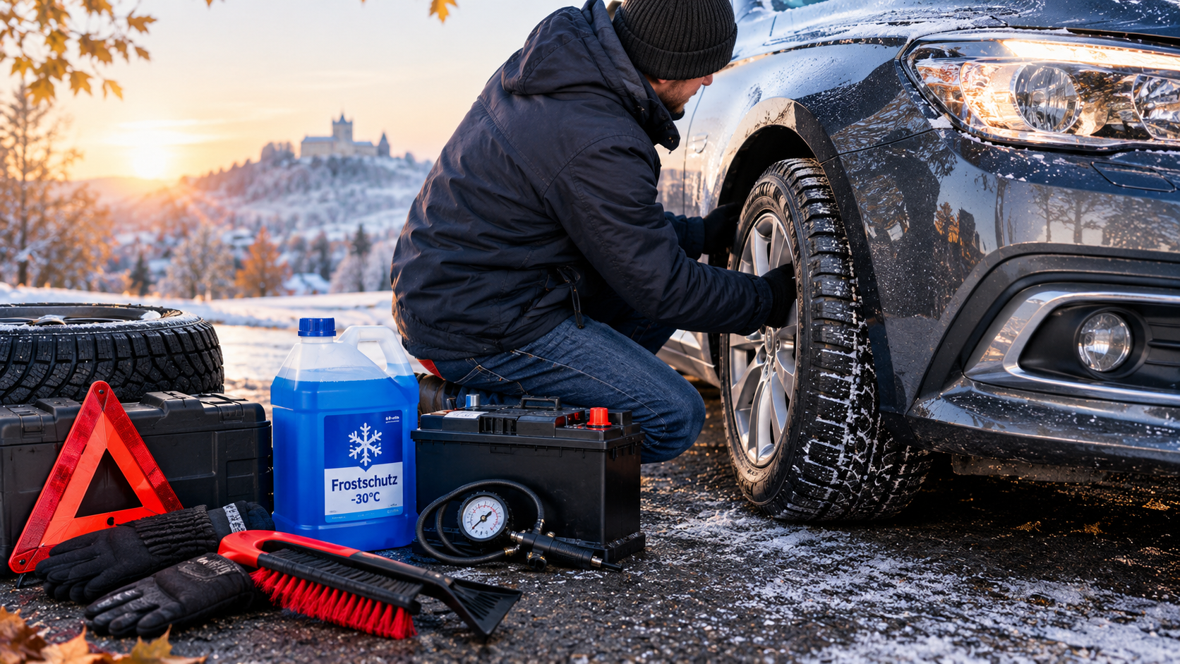 Wintercheck am Auto bei Sonnenaufgang mit Frostschutz, Batterie und Winterreifen