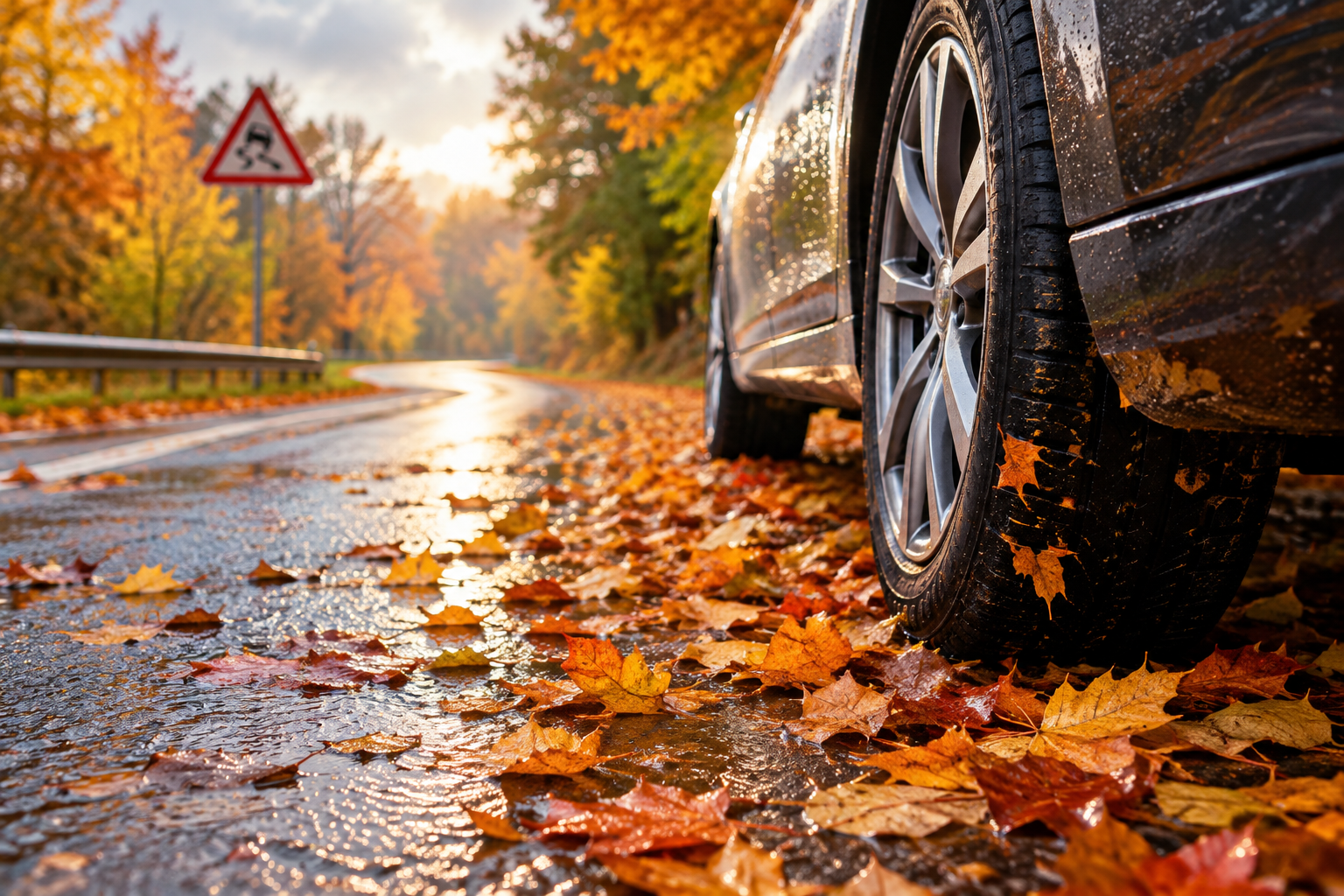 Herbststraße mit nassem Autoreifen und buntem Laub auf nasser Fahrbahn