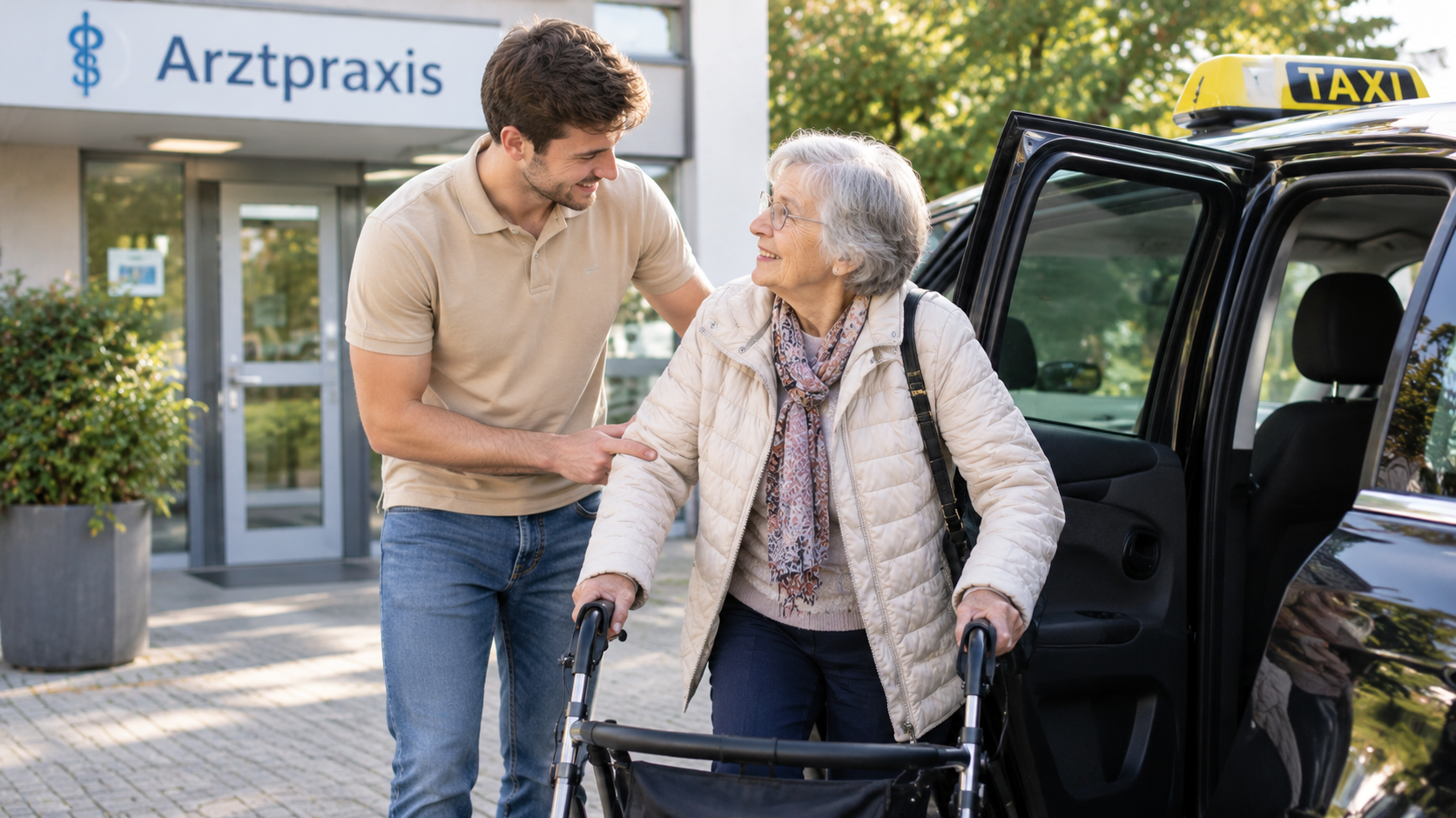 Hilfsbereiter Empfang vor der Arztpraxis: Junger Mann unterstützt ältere Dame mit Rollator beim Aussteigen aus dem Auto