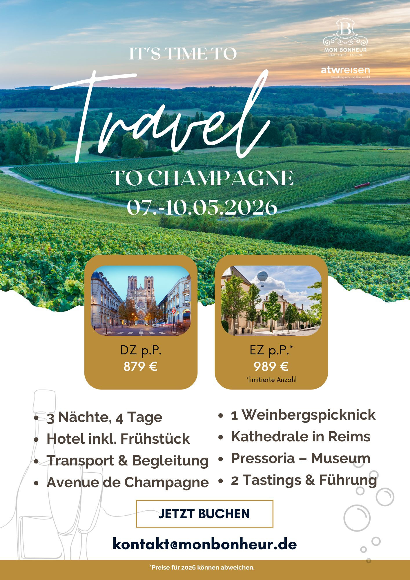 Champagne Reise 2025/2026 – Flyer mit Infos zu Weinbergen, Reims, Avenue de Champagne und Programm Flyer für Champagne Reise 2025/2026 mit Weinbergen, Kathedrale in Reims und Reiseinformationen
