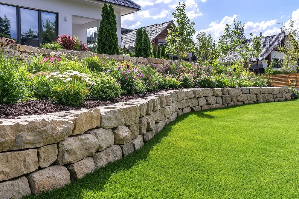 Natursteinarbeiten im Garten mit Trockenmauer und Blumenbeet vor einem modernen Haus