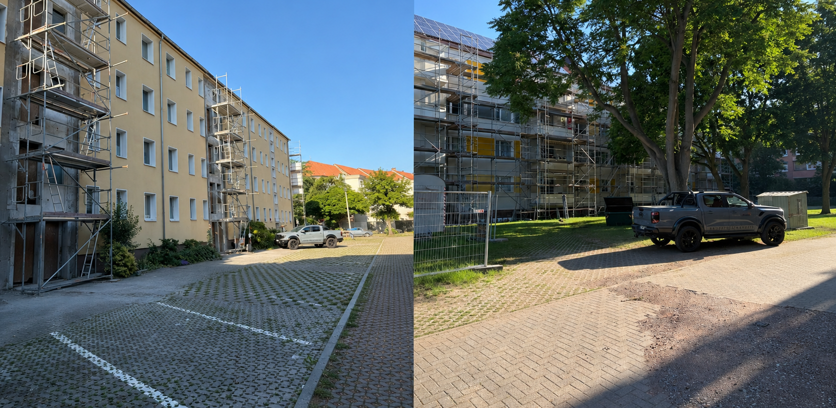 WG Halberstadt: Fassadensanierung und Aufzugsanbau an Wohngebäude mit Baugerüst