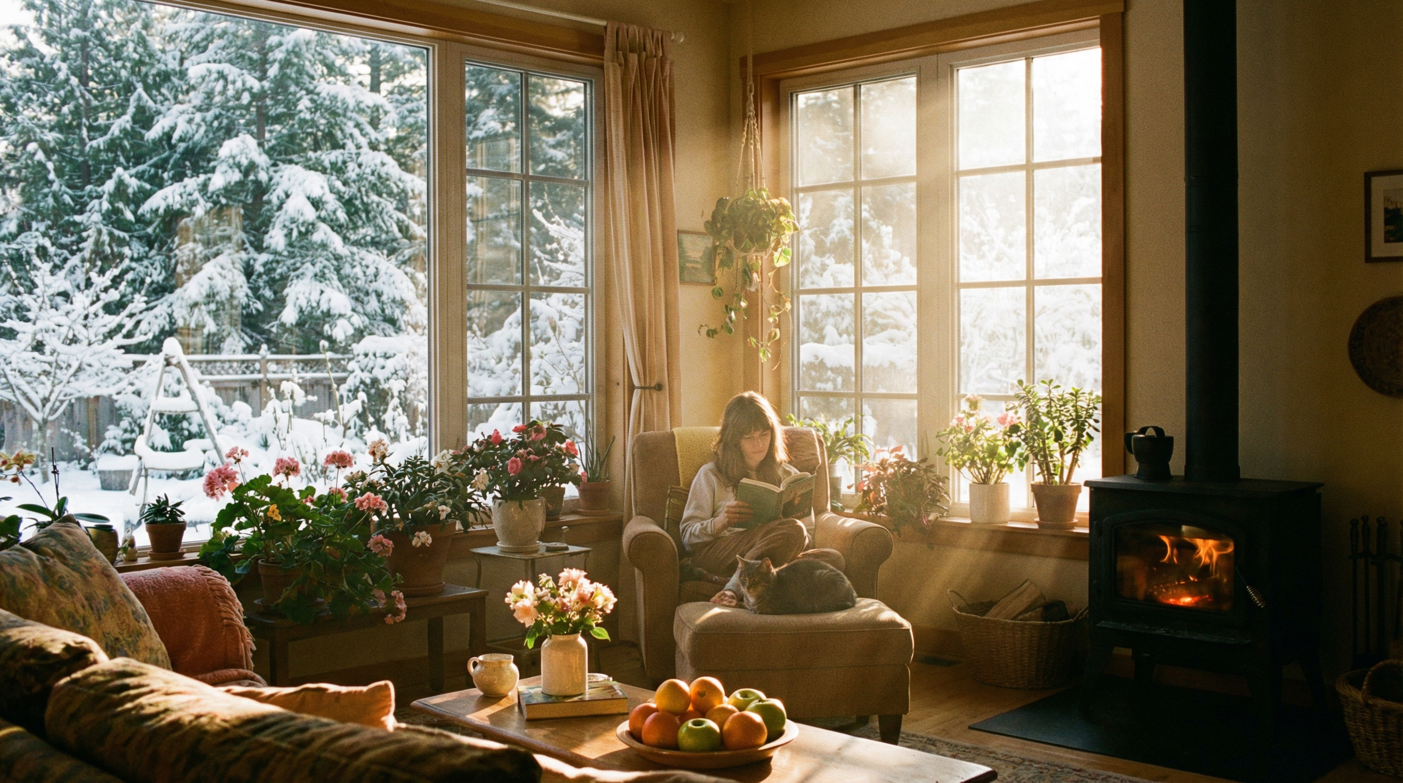 Gemütliches Wohnzimmer mit großen Fenstern, Winterlandschaft draußen, viele Zimmerpflanzen, Frau liest Buch, Katze auf Sessel