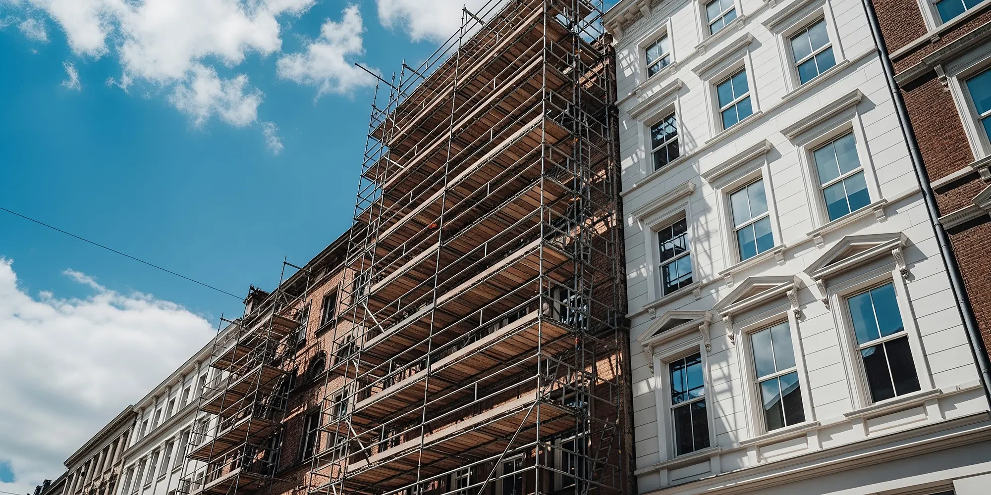 Fassadenarbeiten Header – Sanierung und Renovierung von Gebäudefassaden Fassadenarbeiten an einem Gebäude mit Gerüst unter blauem Himmel
