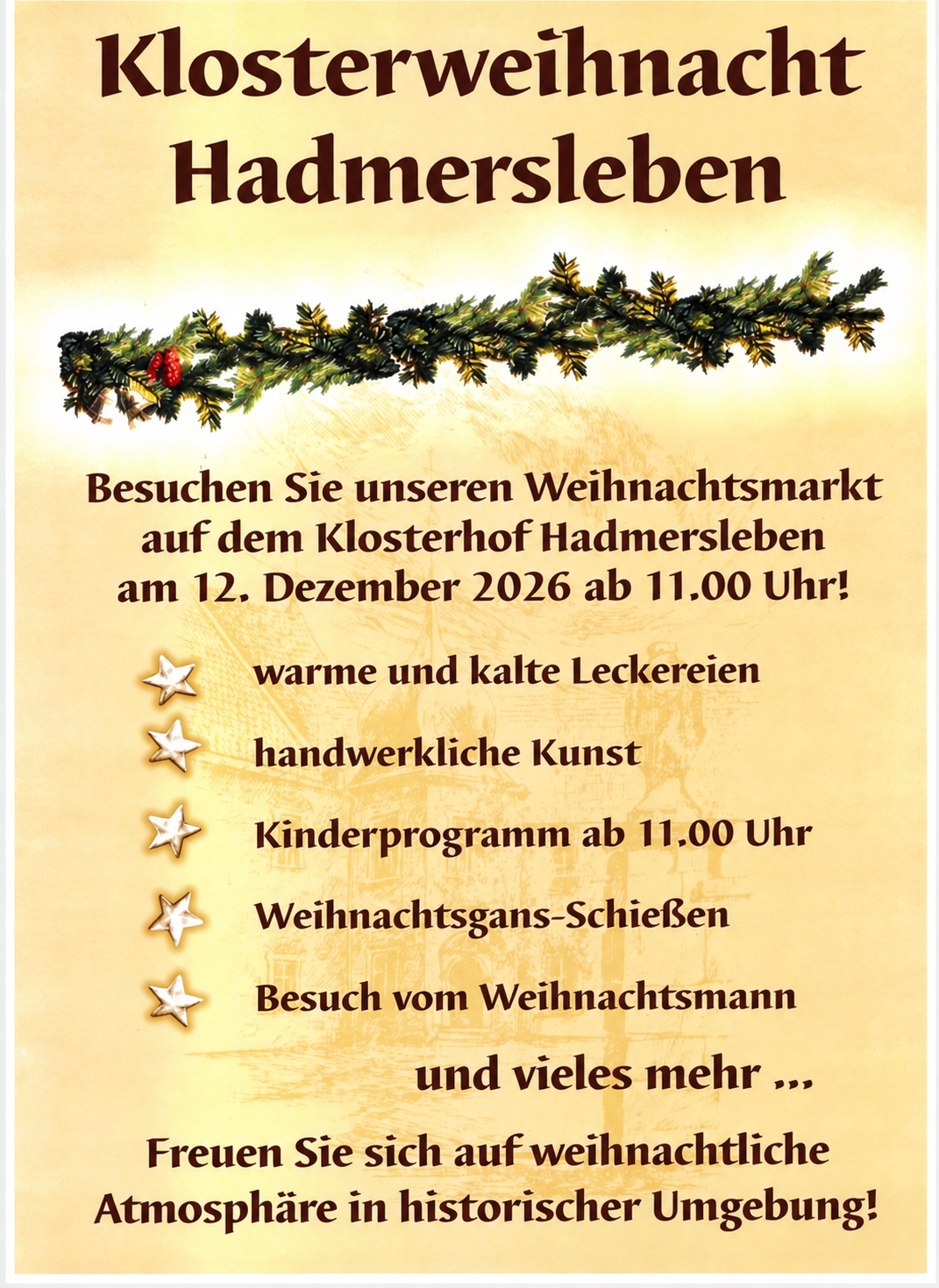 Plakat zur Klosterweihnacht Hadmersleben 2026 mit Informationen zum Weihnachtsmarkt am Klosterhof Hadmersleben am 12. Dezember 2026