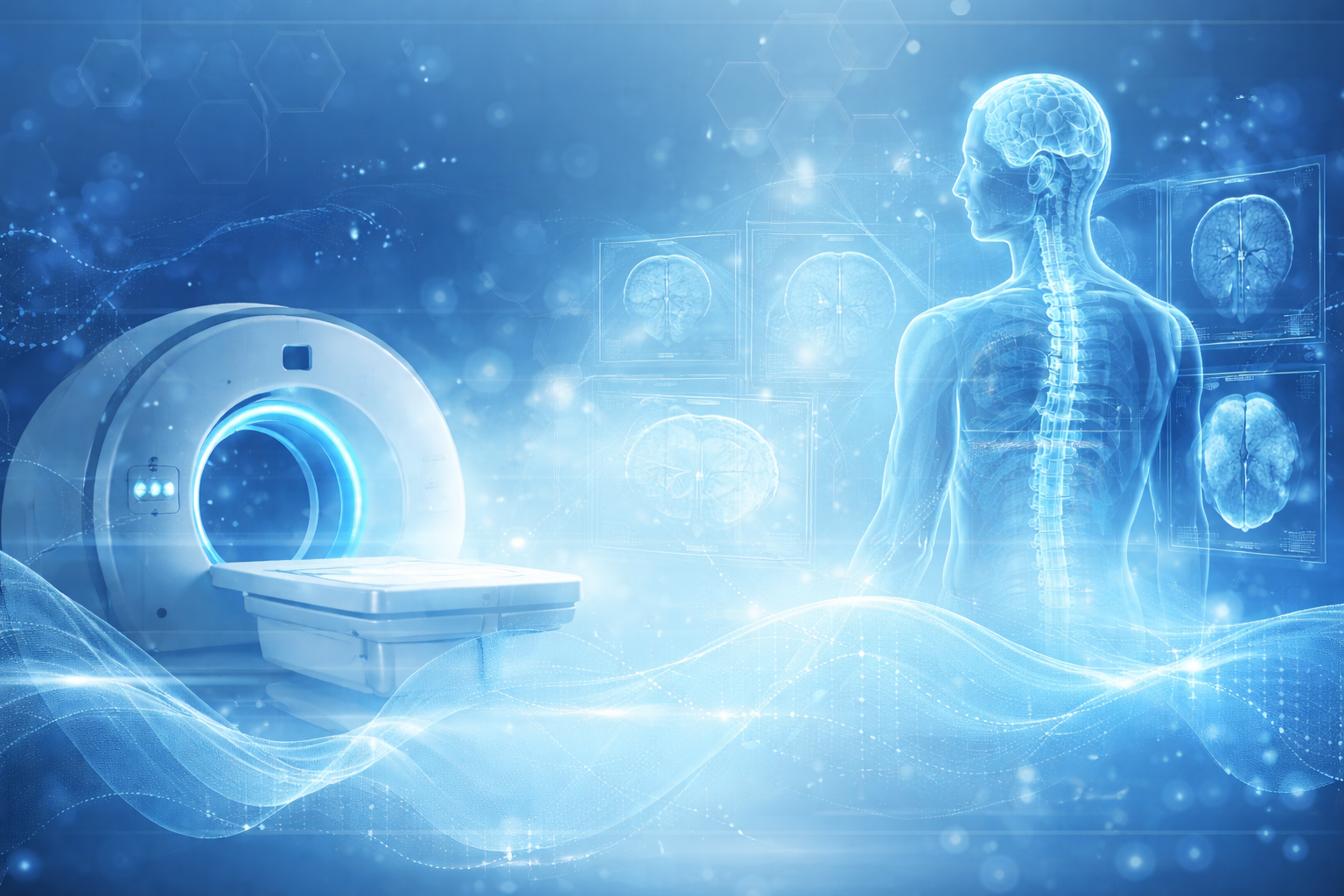 Medizinische Bildgebung mit KI – Illustration eines MRT-Scanners und menschlicher Anatomie, Symbol fr knstliche Intelligenz in der Medizin auf einer Homepage