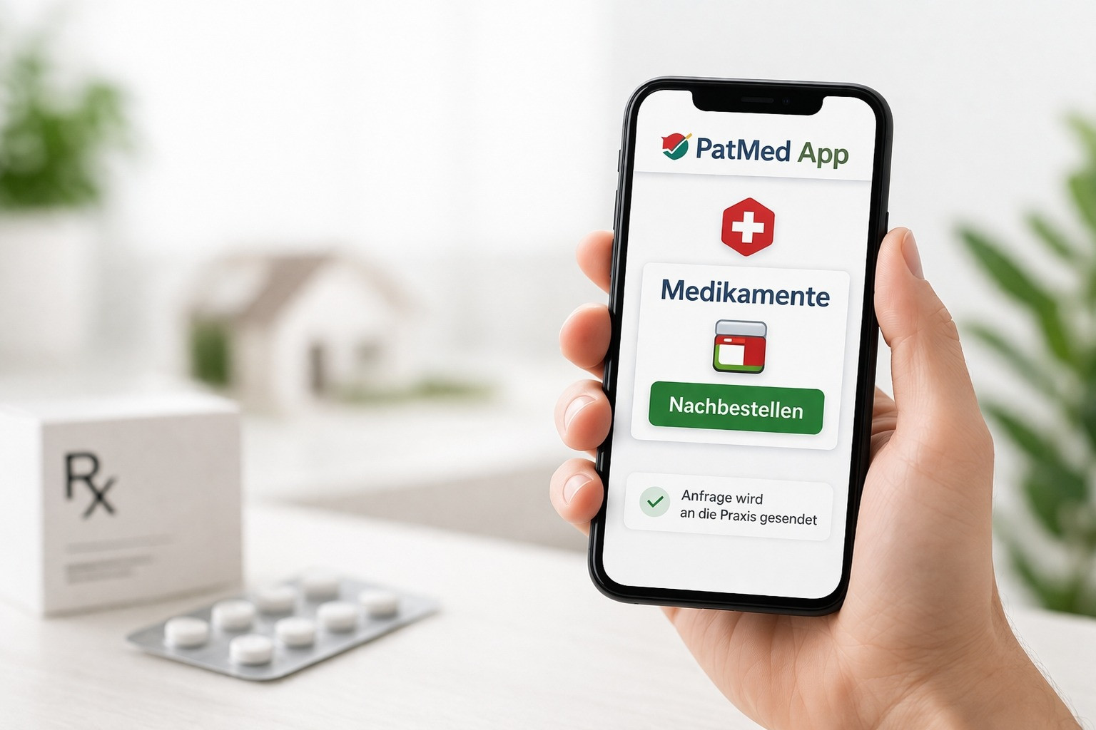 Ihr Rezept einfach per App für Sie und Ihre Angehörigen – Smartphone mit PatMed App zur Medikamentenbestellung