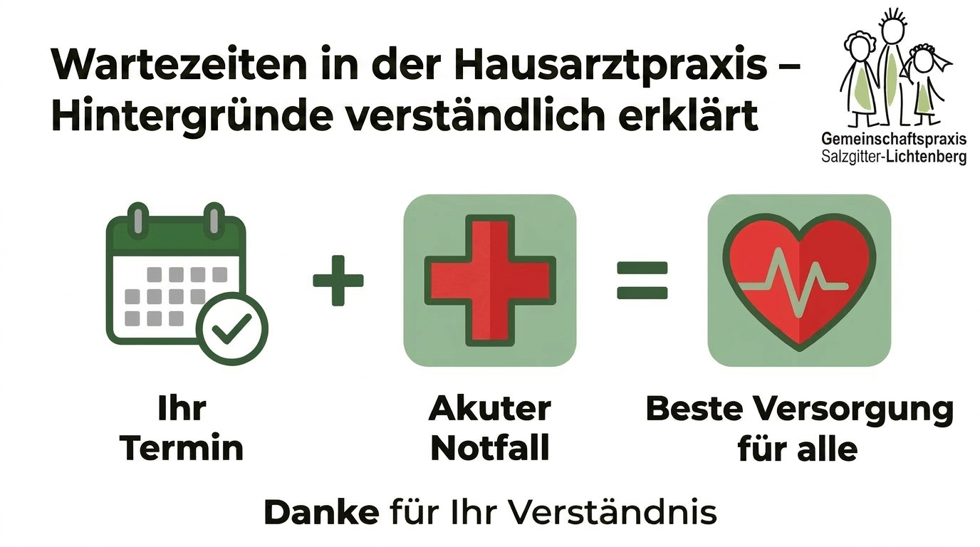 Mix-Triage Grafik mit grünem Logo: Wartezeiten in der Hausarztpraxis, Gründe verständlich erklärt, Termin plus akuter Notfall ergibt beste Versorgung