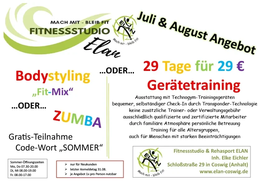 Sommeraktion 2025 im Fitnessstudio Elan mit Angeboten für Fit-Mix und Zumba.