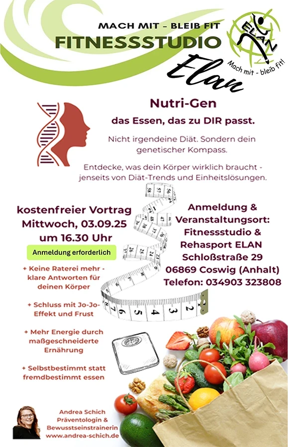 Plakat für kostenlosen Vortrag zur Ernährungsberatung mit Nutri-Gen in Coswig, 03.09.25