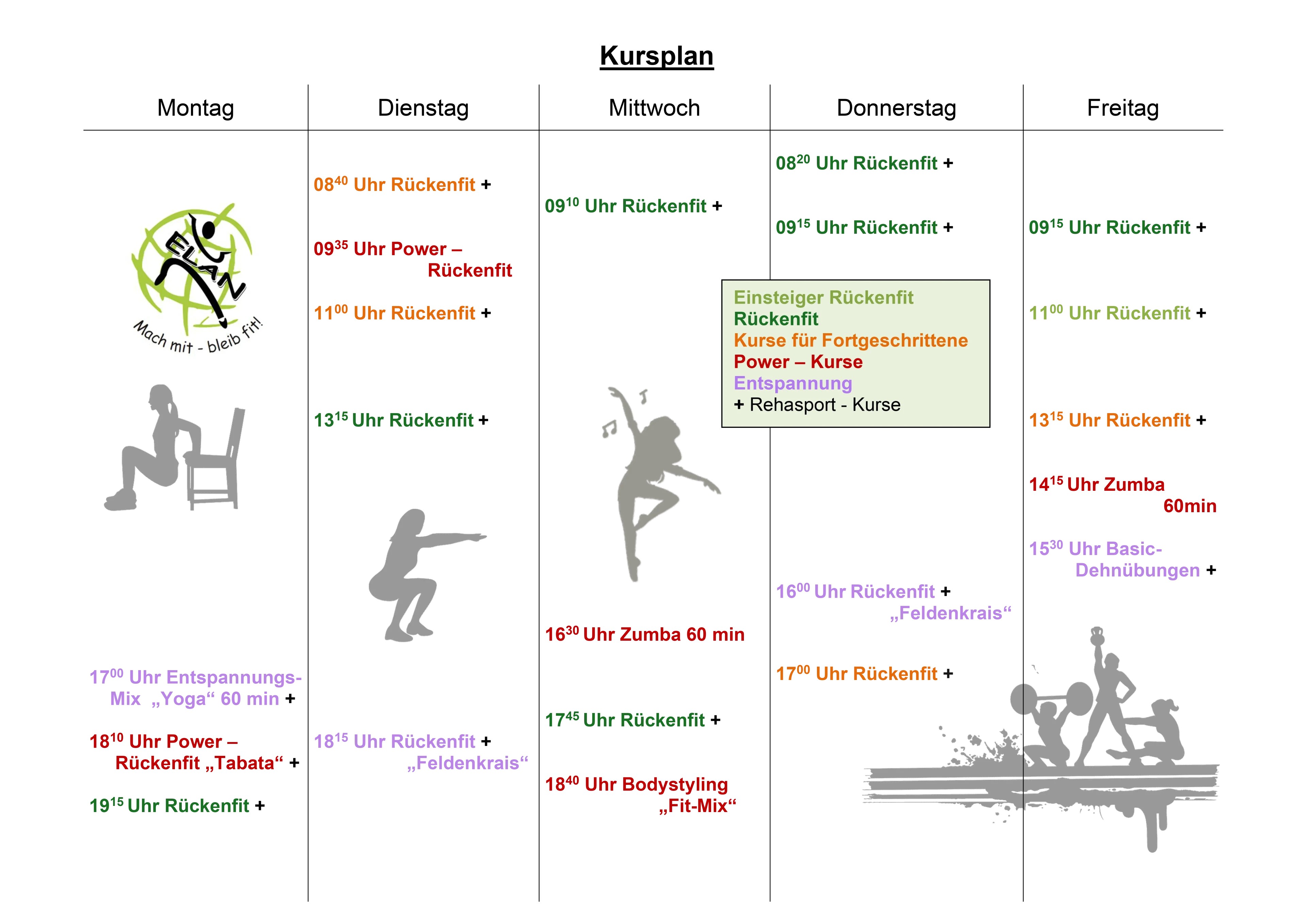 Kursplan ab November mit Rückenfit, Power-Kursen, Zumba, Feldenkrais, Bodystyling und Rehasport
