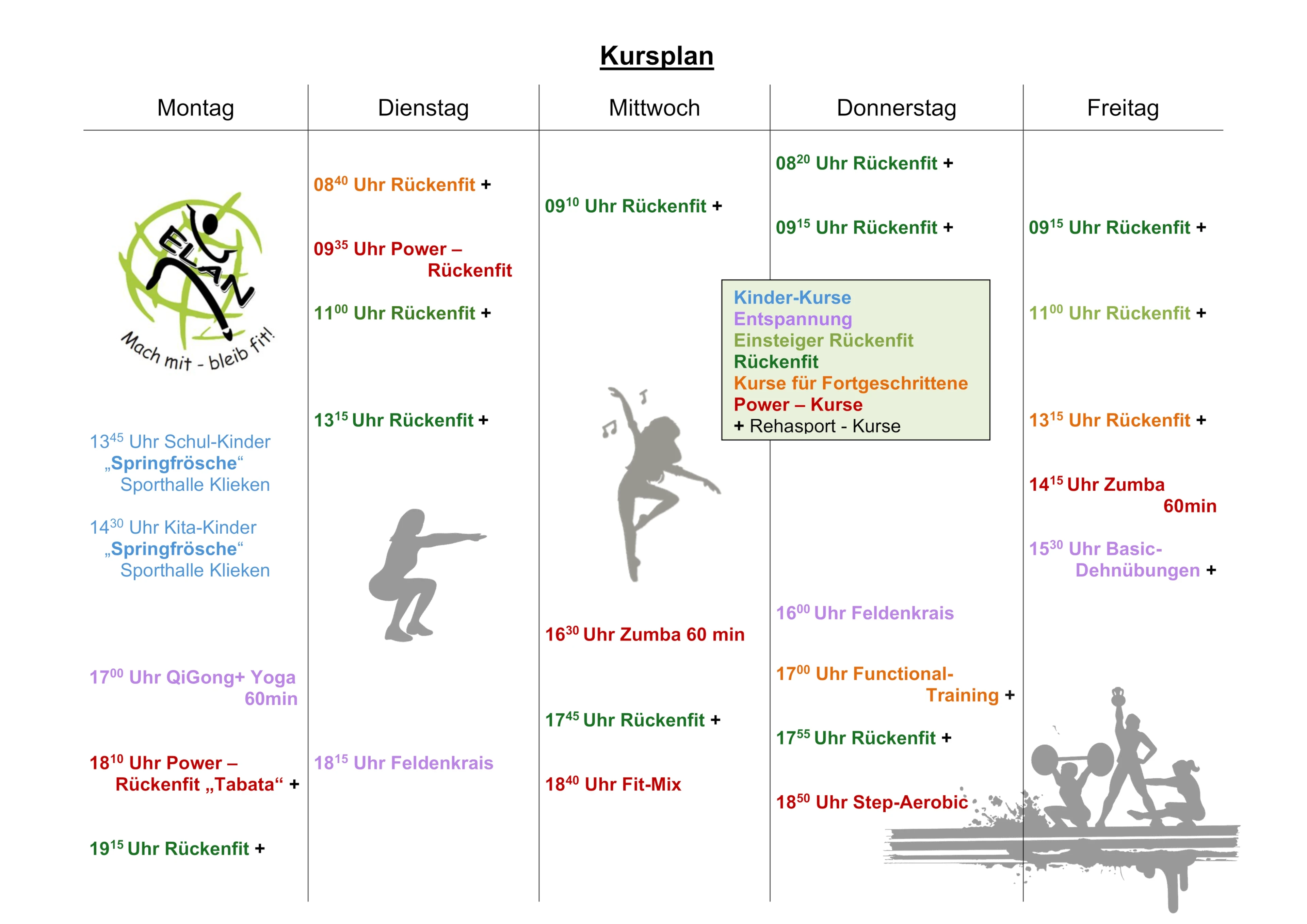 Kursplan Februar 2026 mit Fitness- und Gesundheitskursen wie Rückenfit, Zumba, Feldenkrais und Step-Aerobic