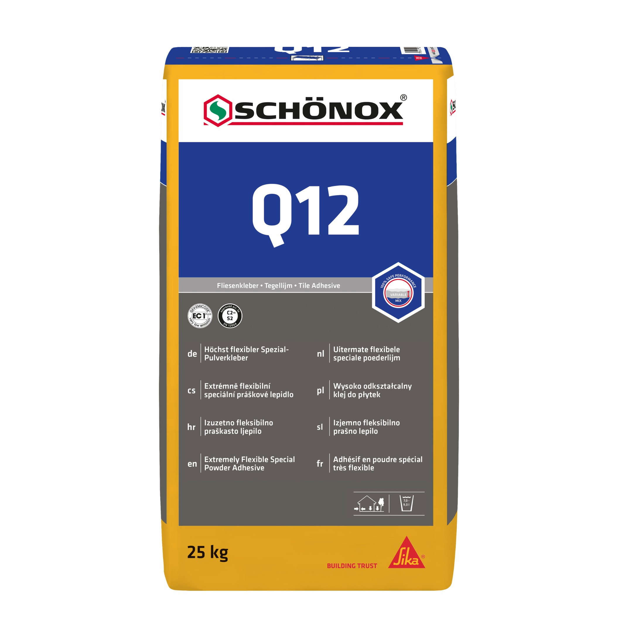SCHÖNOX Q12 – extrem flexibler Fliesenkleber für professionelle Anwendungen, 25 kg SCHÖNOX Q12 Fliesenkleber – höchst flexibler Spezial-Pulverkleber, 25 kg Sack
