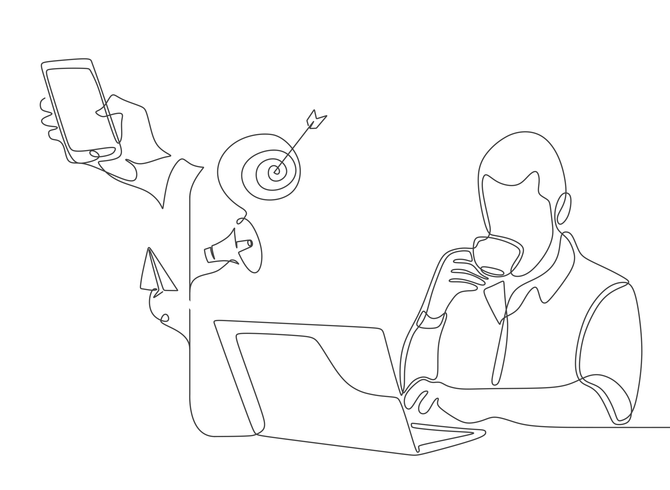 Illustration eines Mannes, der entspannt an einem Laptop arbeitet, während digitale Ablenkungen wie Smartphone-Benachrichtigungen, Werbeanzeigen und Nachrichten ihn umgeben.