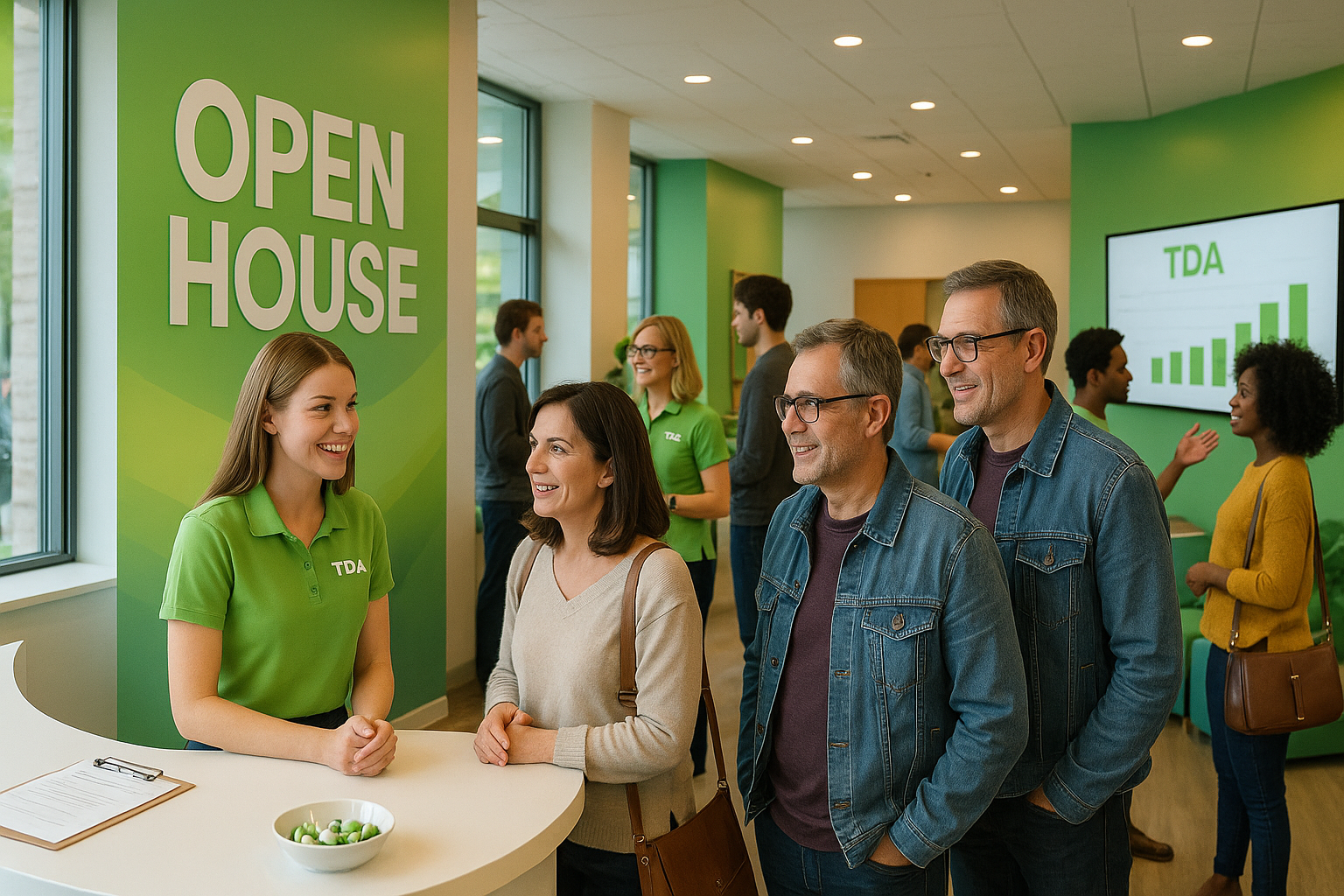 Besucher beim TDA Open House Event in einem modernen Empfangsbereich