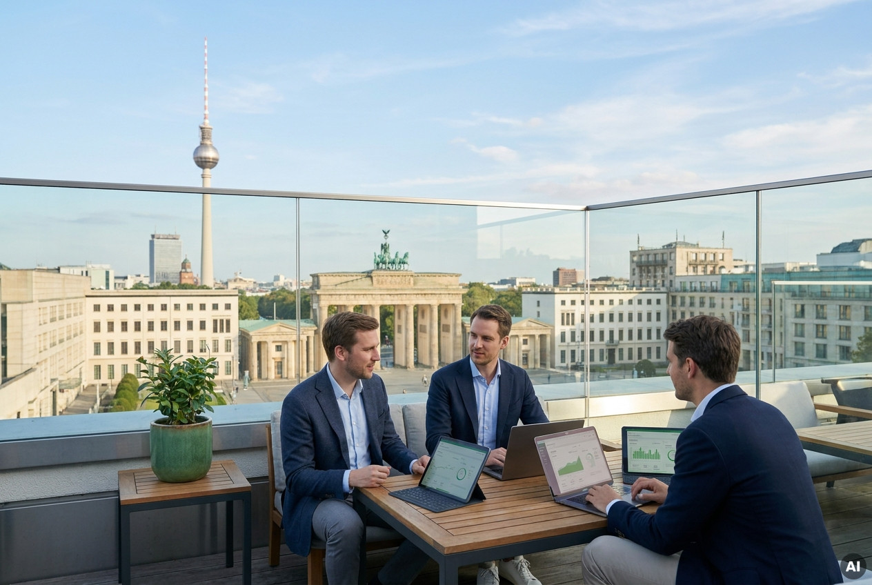 Geschäftstreffen auf einer Dachterrasse mit Blick auf das Brandenburger Tor und den Berliner Fernsehturm