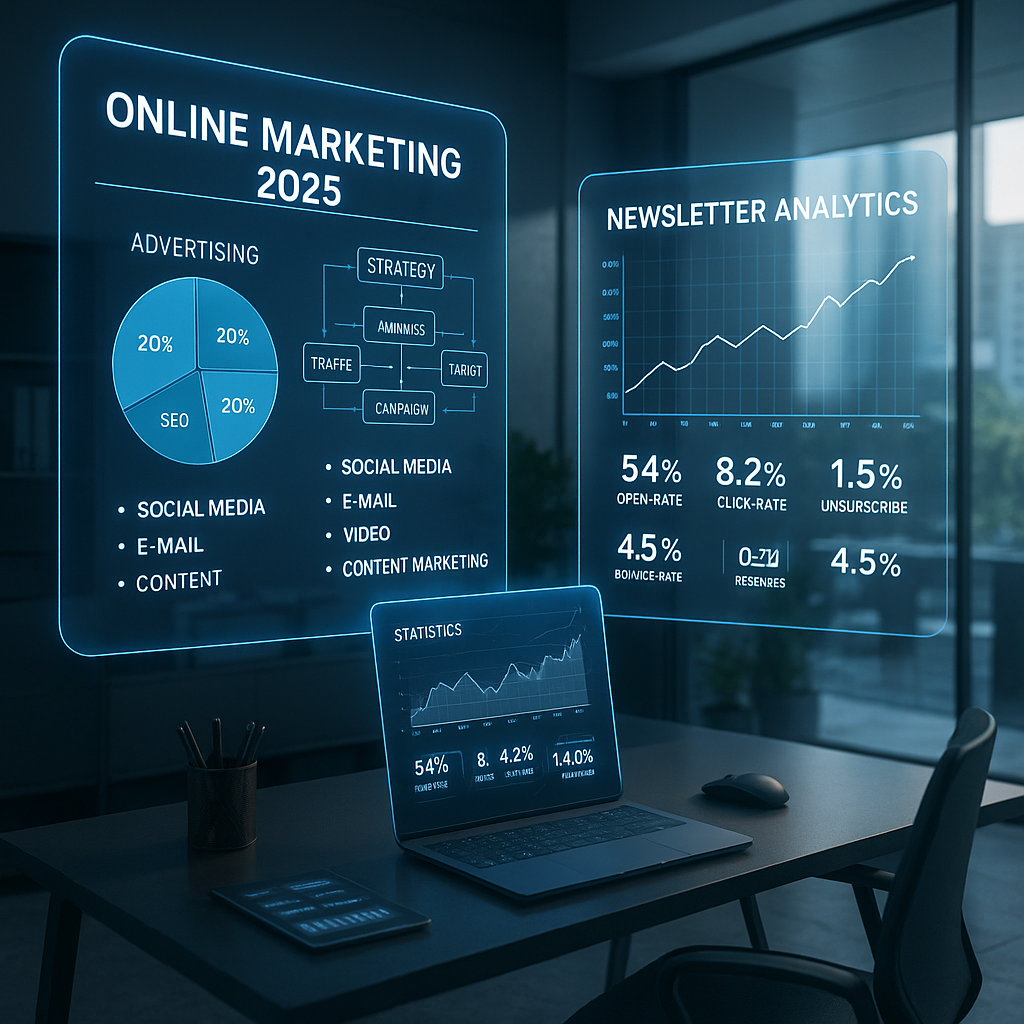 Büro mit digitalen Grafiken zu Online Marketing 2025, Newsletter Analytics und Statistiken auf Laptop