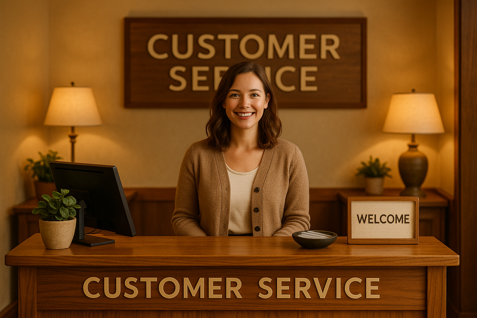 Mitarbeiterin am Kundendienst-Schalter in freundlichem Servicebereich