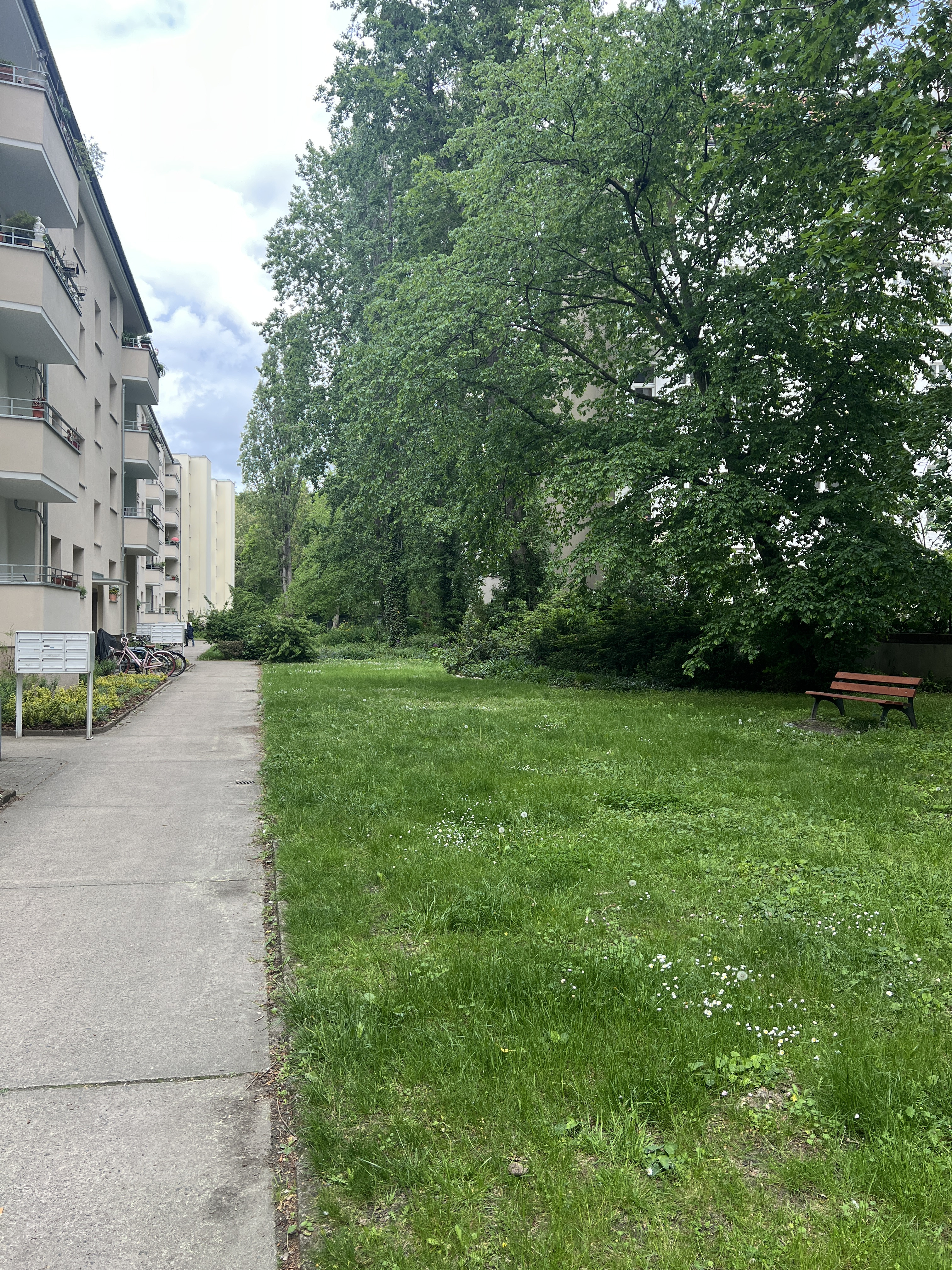titelbild zeigt eine Wohnanlage mit Grünfläche, Bäumen und einer Bank im Vordergrund