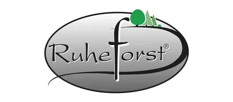 Logo von Ruheforst mit stilisierten Bäumen und Schriftzug