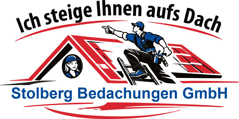 Logo Stolberg Bedachungen 2026 – Dachdecker auf Dach mit Werkzeug