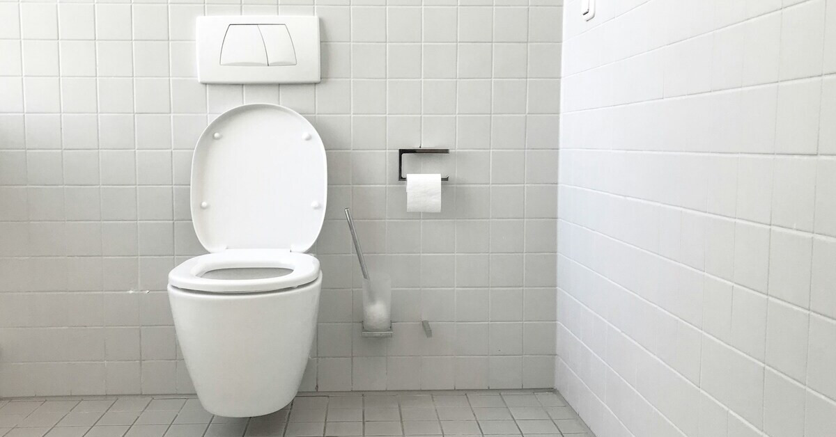 Moderne weiße Toilette mit Toilettenpapierhalter in einem gefliesten Badezimmer