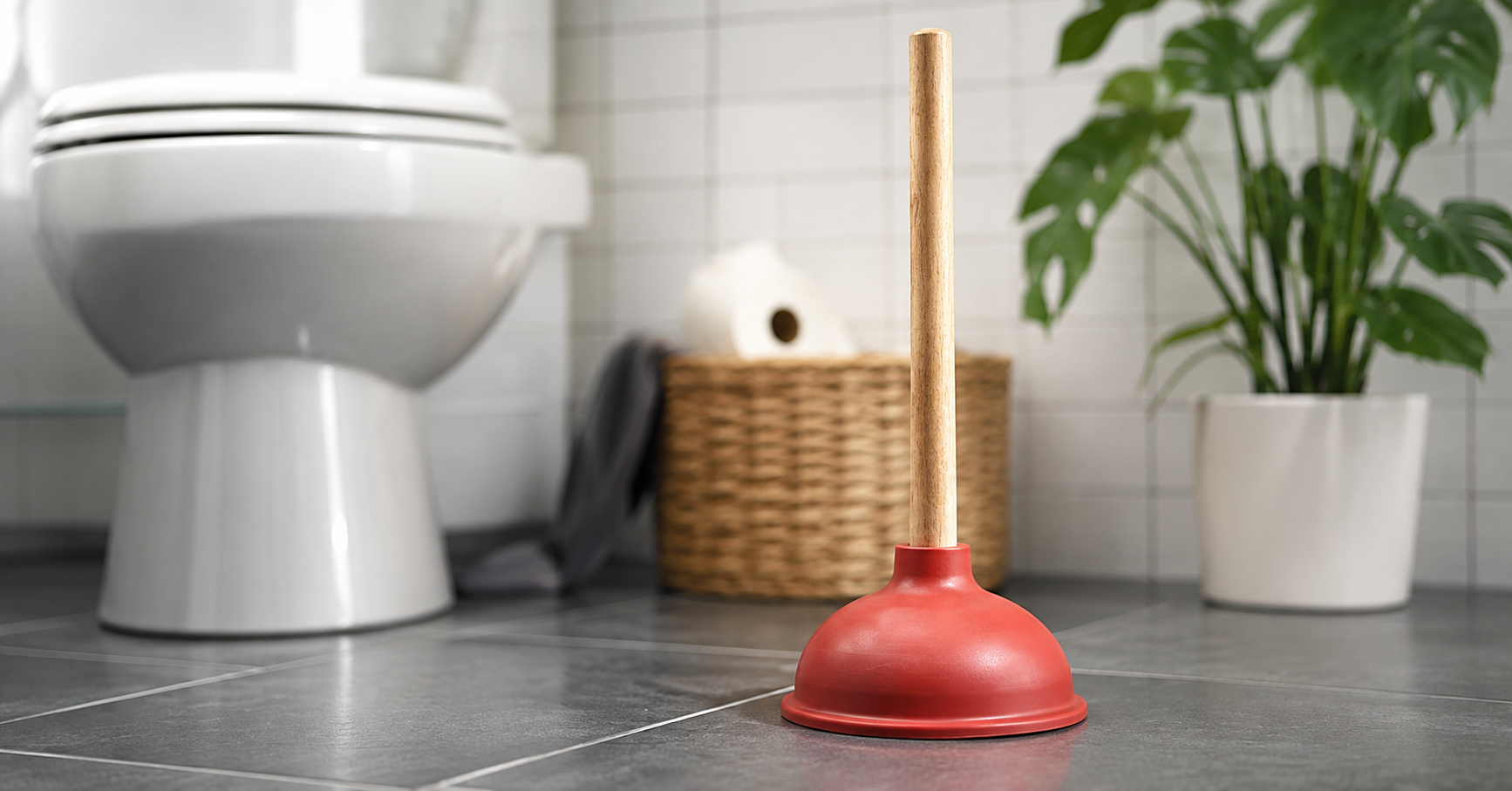 Roter Pömpel vor einer Toilette im Badezimmer – pompel-chatgpt