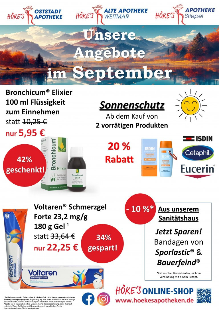 Angebote September 2025 – Bronchicum, Voltaren, Sonnenschutz, Cetaphil, Eucerin, Sanitätshaus Angebote im September 2025: Bronchicum Elixier, Voltaren Schmerzgel, Sonnenschutz von ISDIN, Cetaphil, Eucerin, Sanitätshaus-Angebote