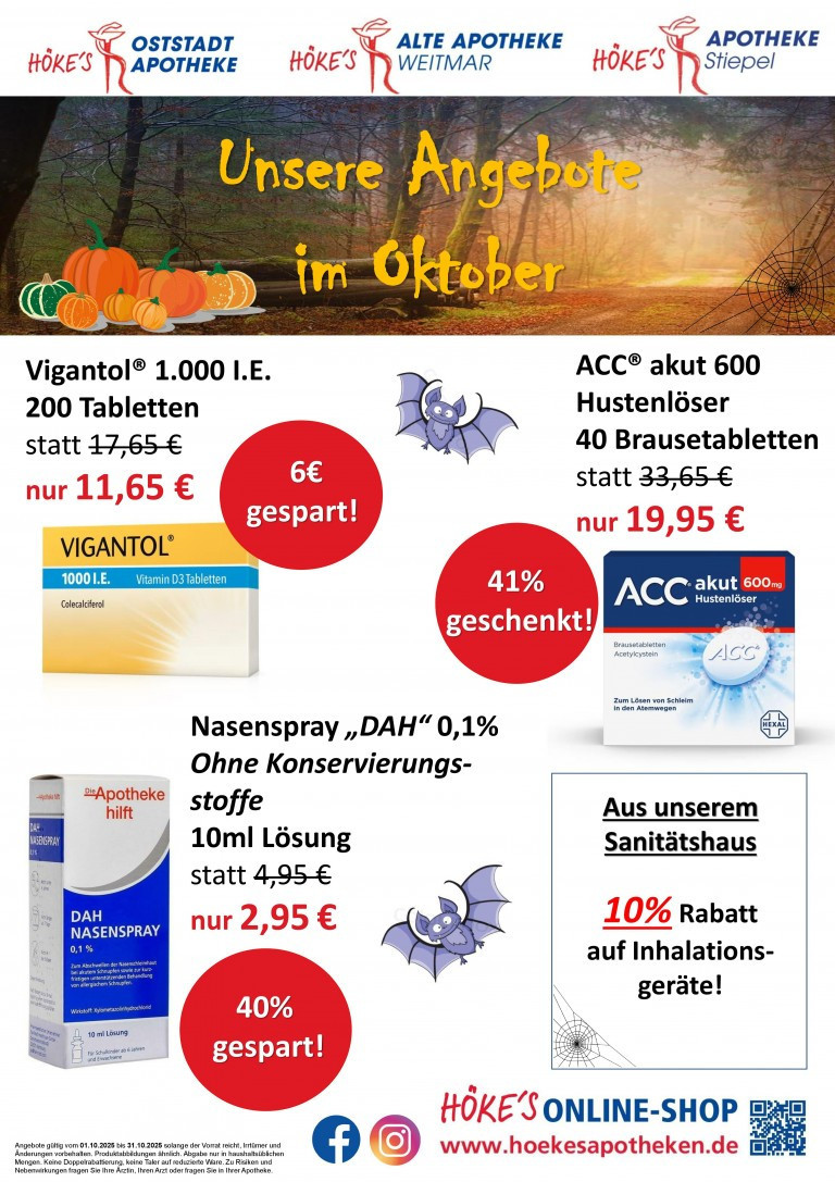 Angebote Oktober 2025: Vigantol 1000 I.E. Tabletten, ACC akut 600 Hustenlöser, DAH Nasenspray und Rabatt auf Inhalationsgeräte
