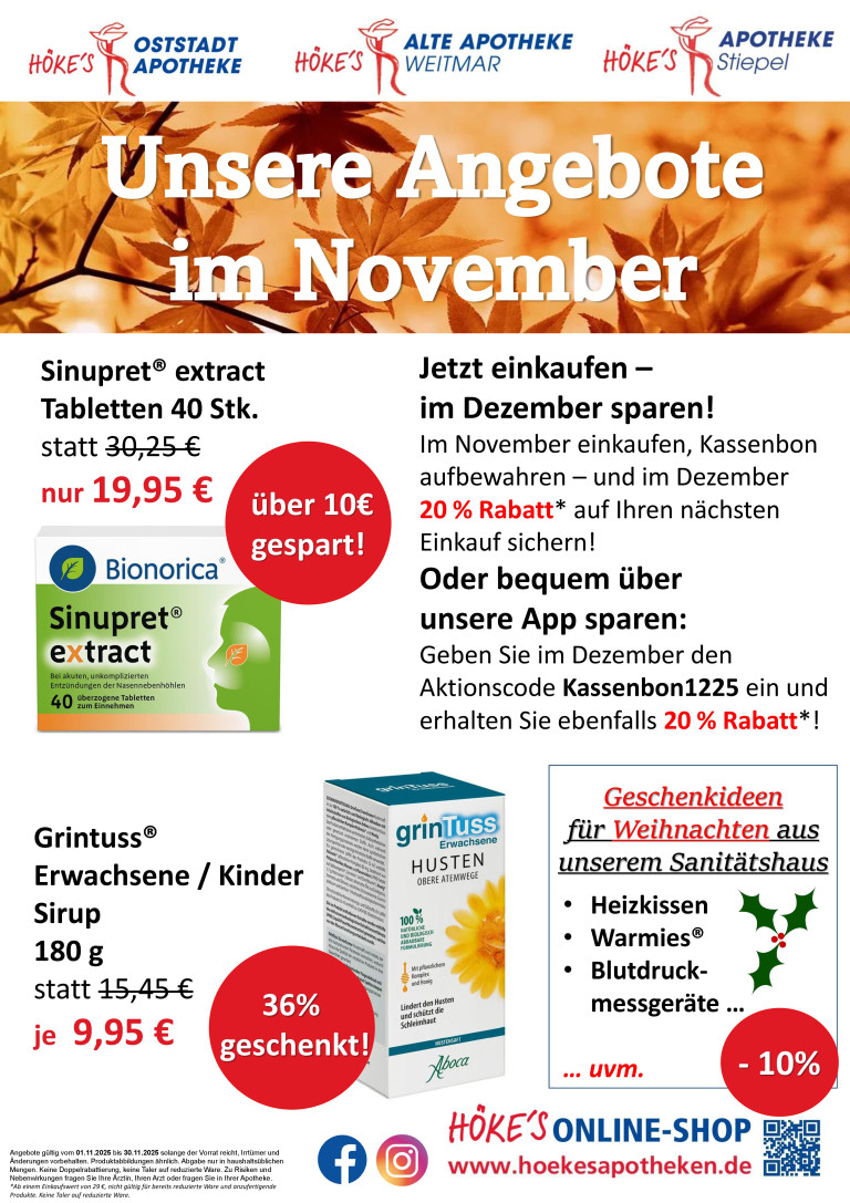 Angebote im November 2025 mit Sinupret extract Tabletten, Grintuss Sirup und Weihnachtsgeschenkideen aus dem Sanitätshaus
