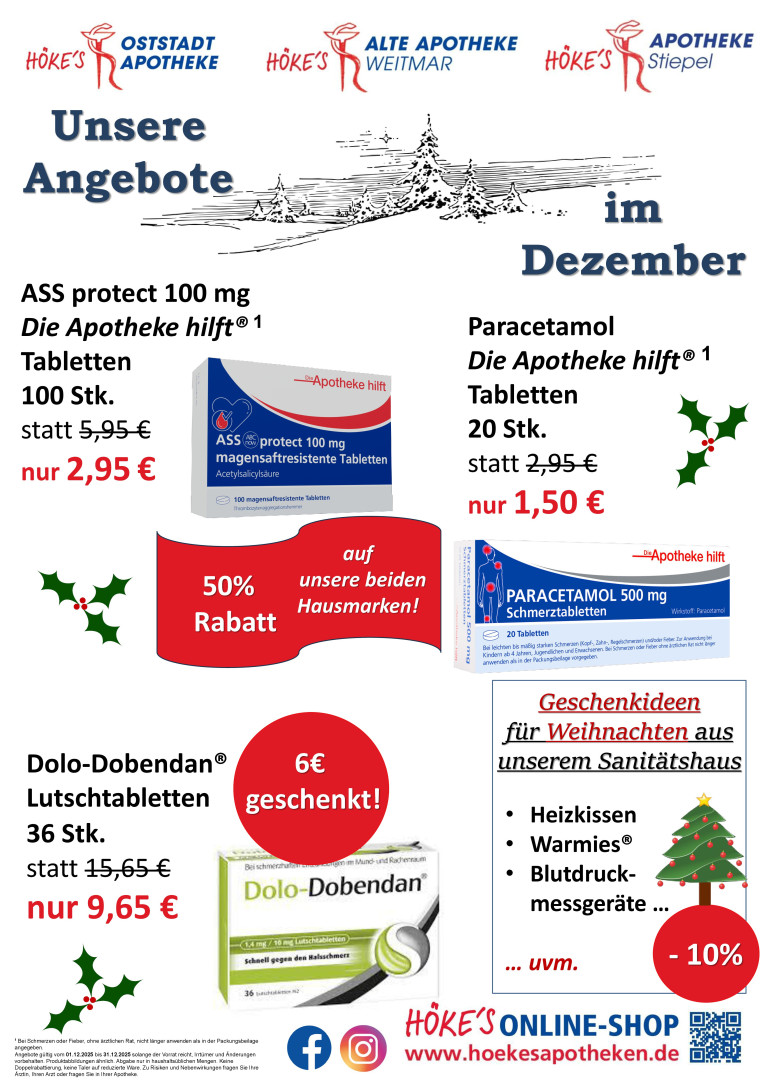 Apotheken-Angebote im Dezember: ASS protect 100 mg, Paracetamol und Dolo-Dobendan Lutschtabletten mit Rabatt und Geschenkideen zu Weihnachten.