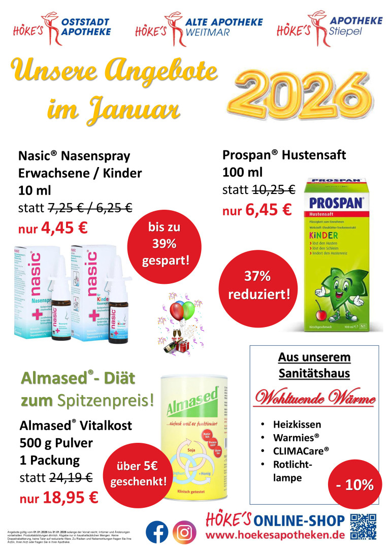 Sonderangebote Januar 2026 – Nasic Nasenspray, Prospan Hustensaft, Almased Vitalkost und mehr im Sanitätshaus Angebote Januar 2026: Nasic Nasenspray, Prospan Hustensaft, Almased Vitalkost und weitere Produkte im Sanitätshaus reduziert