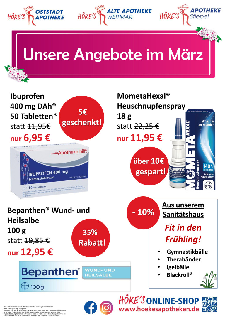 Angebote März 2026: Ibuprofen 400 mg, MometaHexal Heuschnupfenspray, Bepanthen Wund- und Heilsalbe mit Rabatten